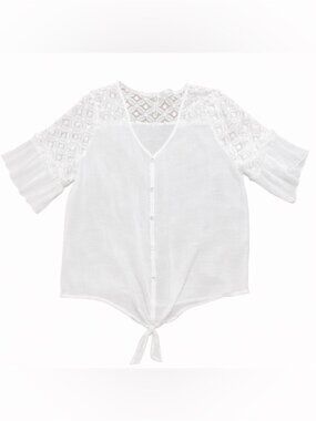 White Lace Sheer Boho Blouse Tie Front V Neck Lightweight Top